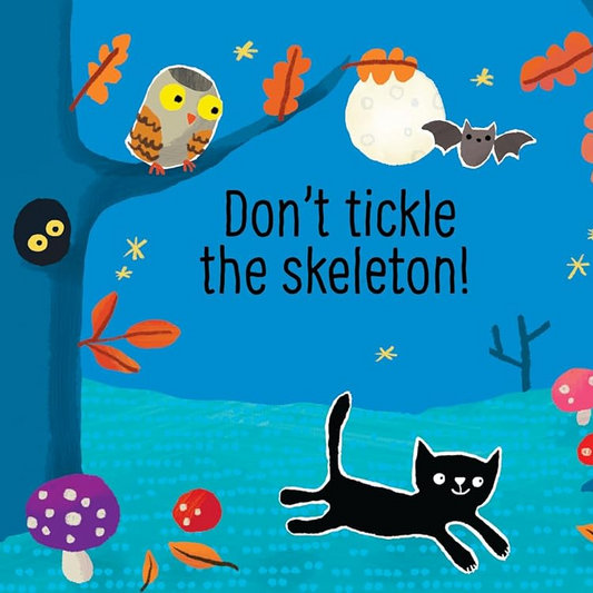 Children's book cover with a skeleton, cat, and Halloween-themed illustrations on a blue background.