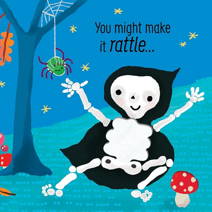 Children's book cover with a skeleton, cat, and Halloween-themed illustrations on a blue background.