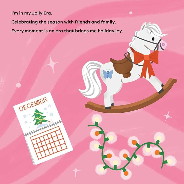 Illustration of a child with a teddy bear, rocking horse, and Christmas decorations on a pink background.