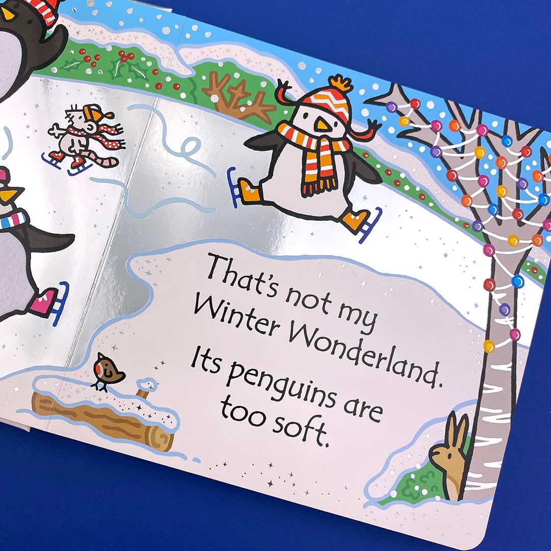 Children's book page with penguins and text on a blue background