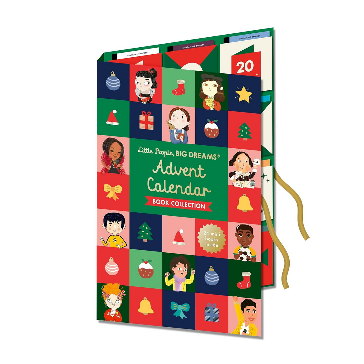 Little People, Big Dreams Advent Calendar Book Collection, featuring a colorful grid cover with festive illustrations and ribbon bookmarks, shown on a white background.