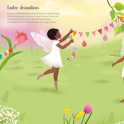 Illustration of fairies in a garden with Easter decorations