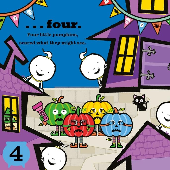 Children's book with colorful illustrations of pumpkins and ghosts on a purple and yellow background.