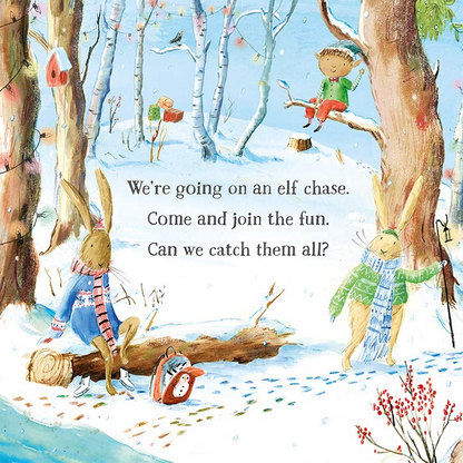 Illustrated book page with elves and rabbits in a winter forest setting.