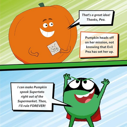 Cartoon characters with dialogue bubbles on a wooden background and a pumpkin character on a blue background.