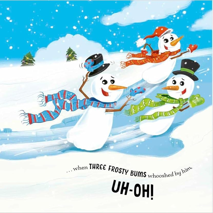 Illustration of elves and snowmen in a snowy landscape with text