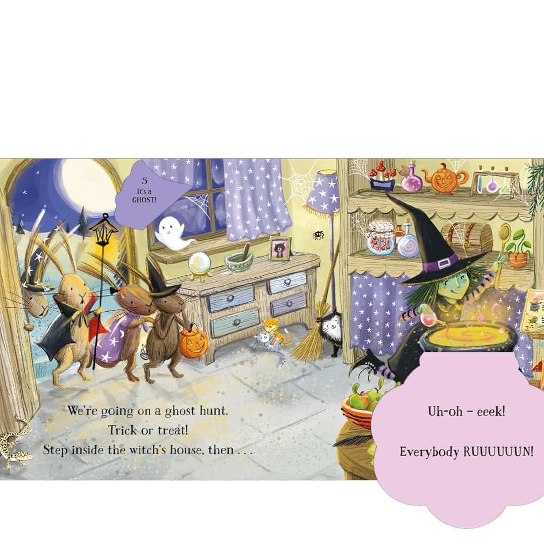 Illustration of a witch and ghosts in a Halloween-themed room with text.
