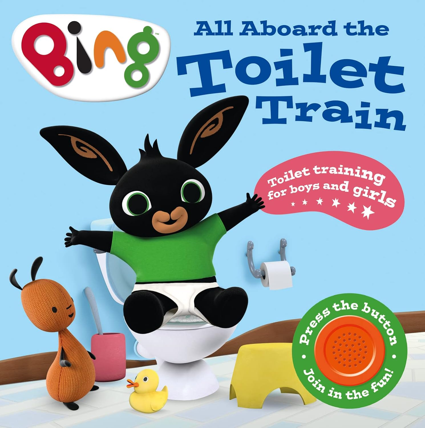 Book cover of 'All Aboard the Toilet Train' featuring Bing the rabbit and a toy duck.