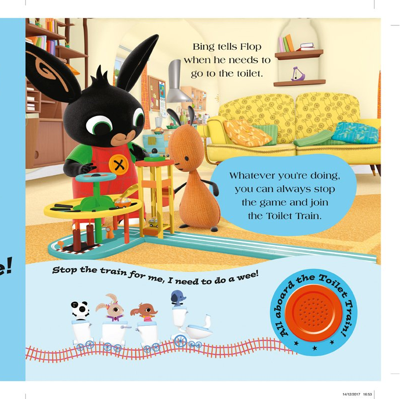 Illustrated book page with cartoon character and educational text about potty training.