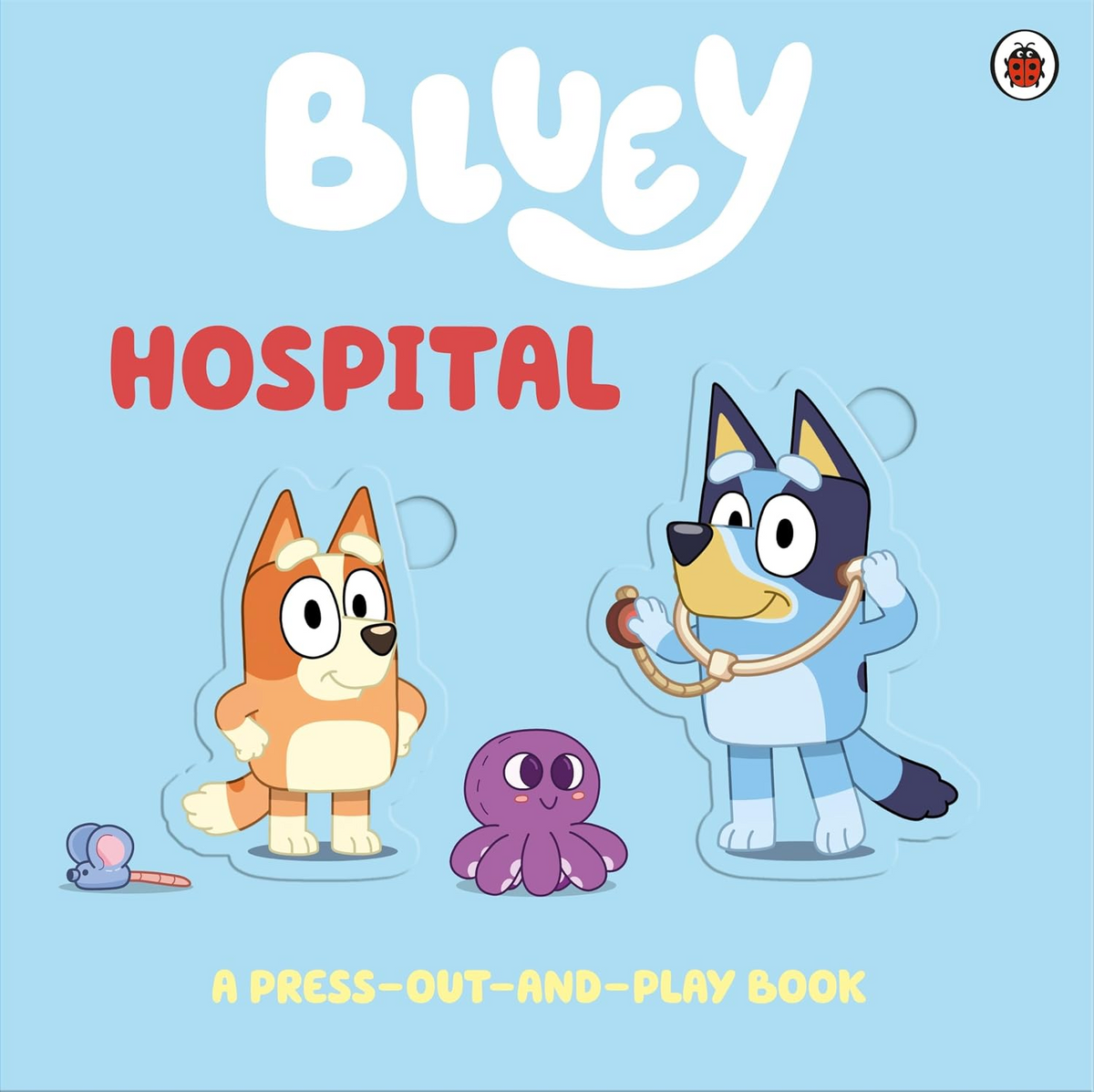 Book cover of 'Bluey Hospital' featuring two cartoon characters on a blue background.