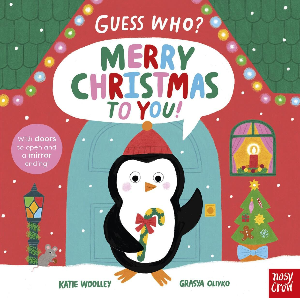 Book cover of 'Guess Who? Merry Christmas to You!' with a penguin in front of a decorated house.