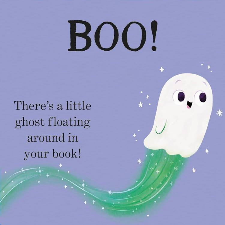 Children's book page with a ghost and a door, featuring text and a small inset image.