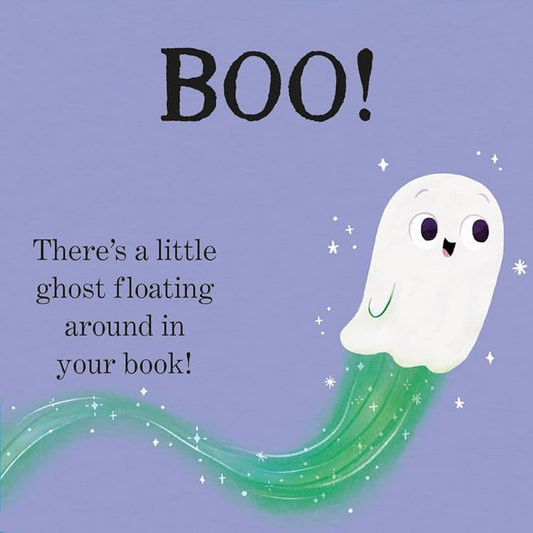 Children's book page with a ghost and a door, featuring text and a small inset image.