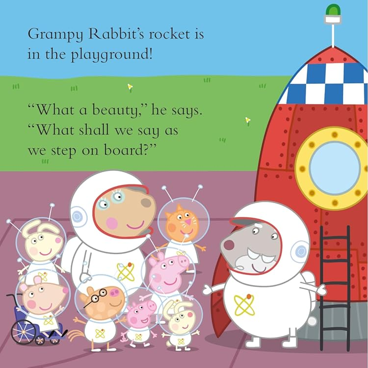 Children's book page with cartoon characters in space suits and a rocket ship.