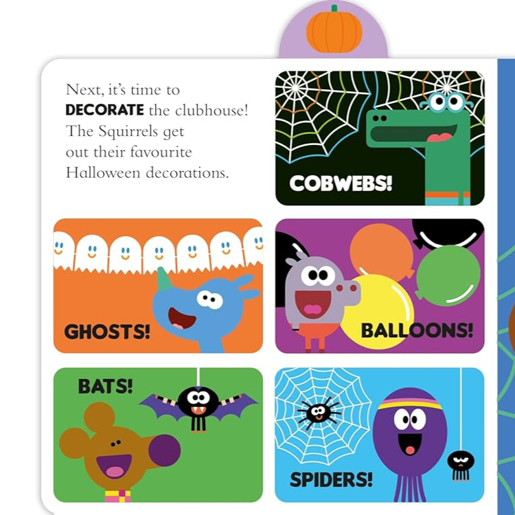 Children's book page with Halloween-themed illustrations and a bear character.