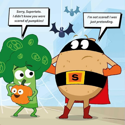 Comic strip with superhero-themed characters in a Halloween-themed setting