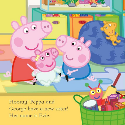 Illustration from a children's book featuring Peppa Pig and family in a colorful setting.