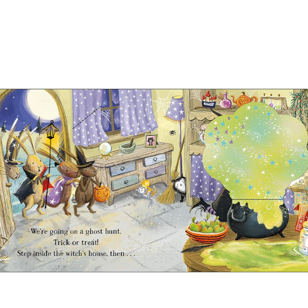 Illustration of a witch's house interior with Halloween decorations and text.