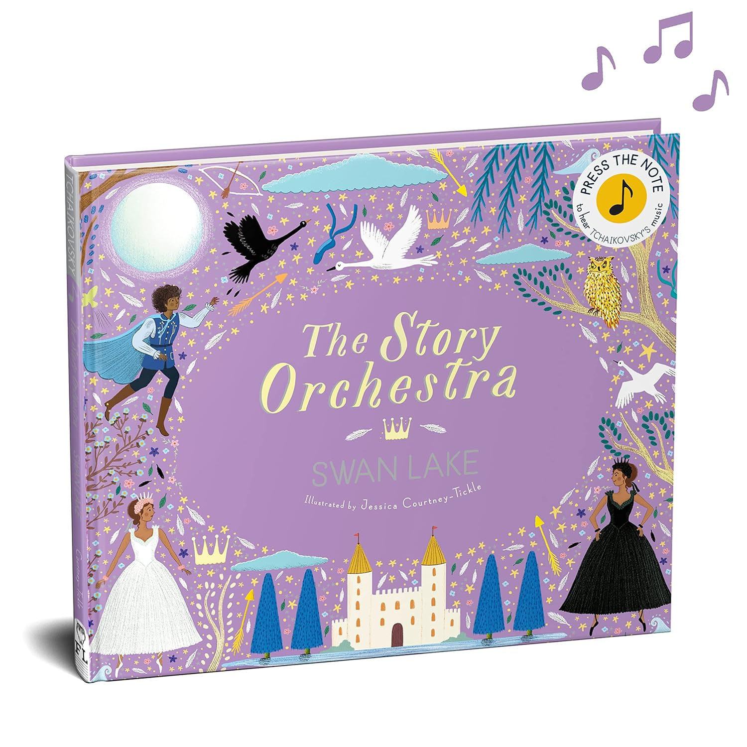 Children's book titled 'The Story Orchestra Swan Lake' with musical notes above it on a white background.