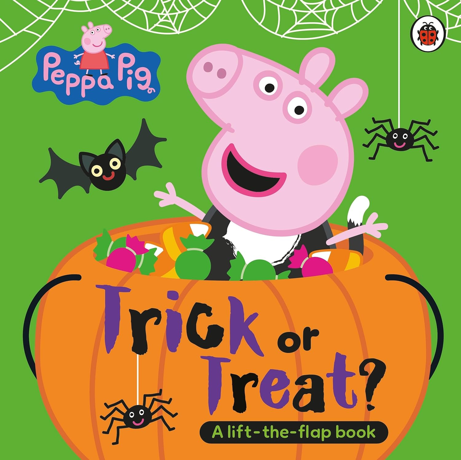 Peppa Pig book cover with a pumpkin and Halloween elements on a green background