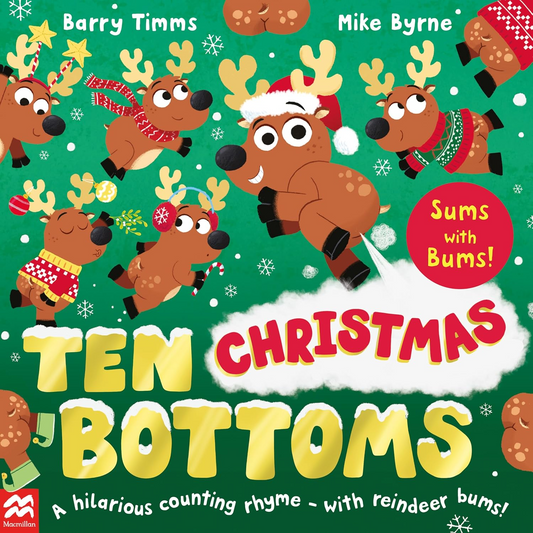 Book cover of 'Ten Christmas Bottoms' with reindeer illustrations on a green background.