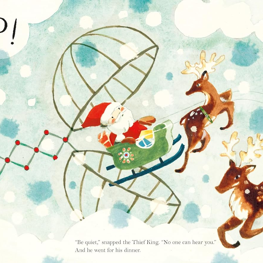 A whimsical illustrated page with the text 'Snip SNAP!' and a watercolor-style holiday scene showing Santa Claus in a sleigh being pulled by reindeer, with a small blue helicopter on the left and small caption text throughout.