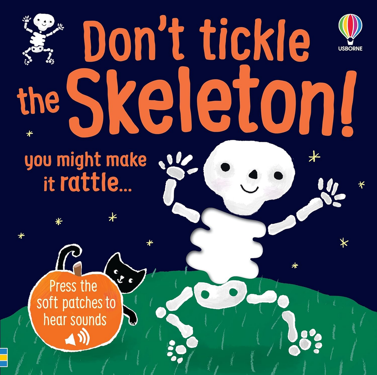 Book cover of 'Don't Tickle the Skeleton!' with a skeleton character and cat on a dark blue background.