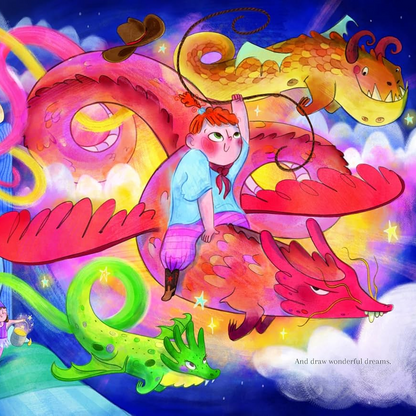 Colorful illustration of a fantastical scene with characters and creatures in a whimsical setting.