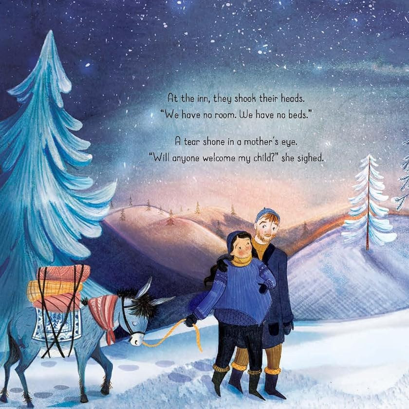 Illustration of a snowy landscape with two people walking together, a wooden cabin, and a starry sky.
