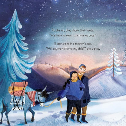 Illustration of a snowy landscape with two people walking together, a wooden cabin, and a starry sky.