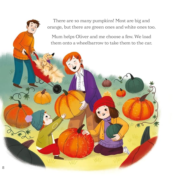 Illustrated book pages showing children at a pumpkin patch with pumpkins and a corn maze.