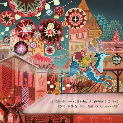Colorful illustrated scene of a city with decorative elements and text.