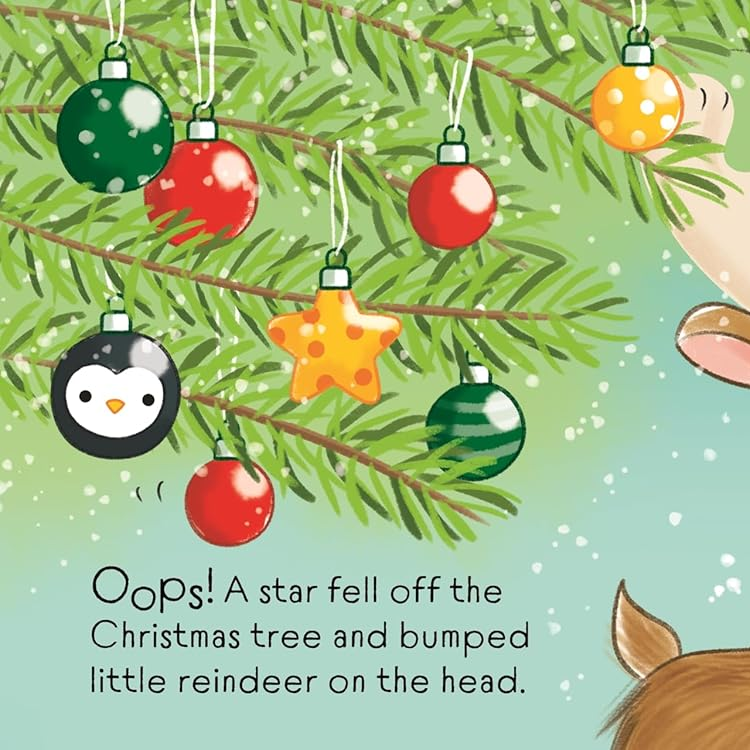 Illustration of a reindeer under a Christmas tree with ornaments and text.