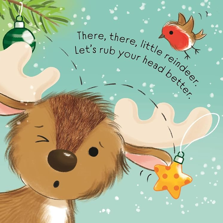 Illustration of a reindeer under a Christmas tree with ornaments and text.