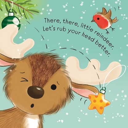 Illustration of a reindeer under a Christmas tree with ornaments and text.