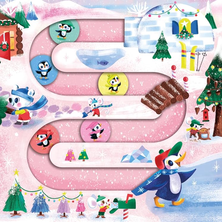 Illustrated children's book page with penguins and a candy cane path.