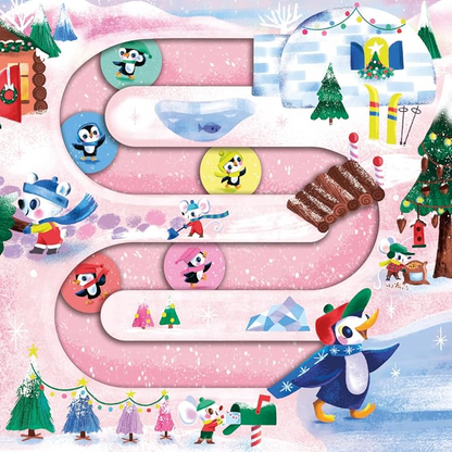 Illustrated children's book page with penguins and a candy cane path.