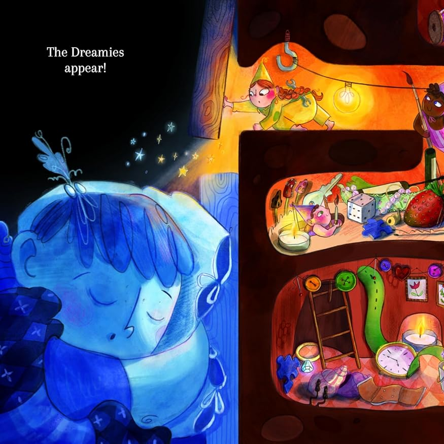 Illustrated scene with characters and objects in a whimsical setting, featuring a blue character on the left.