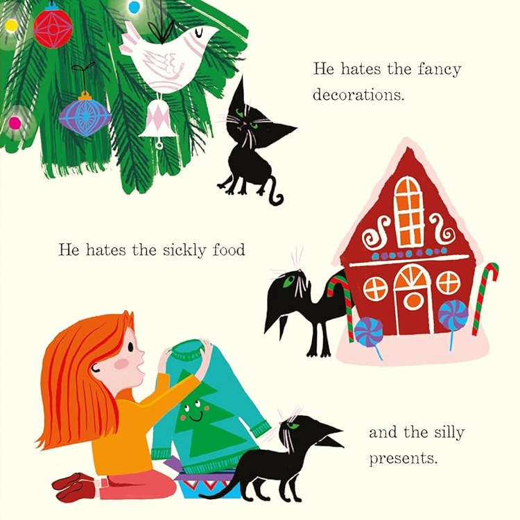 Illustrated book page with Christmas-themed illustrations including a cat, train, and house.