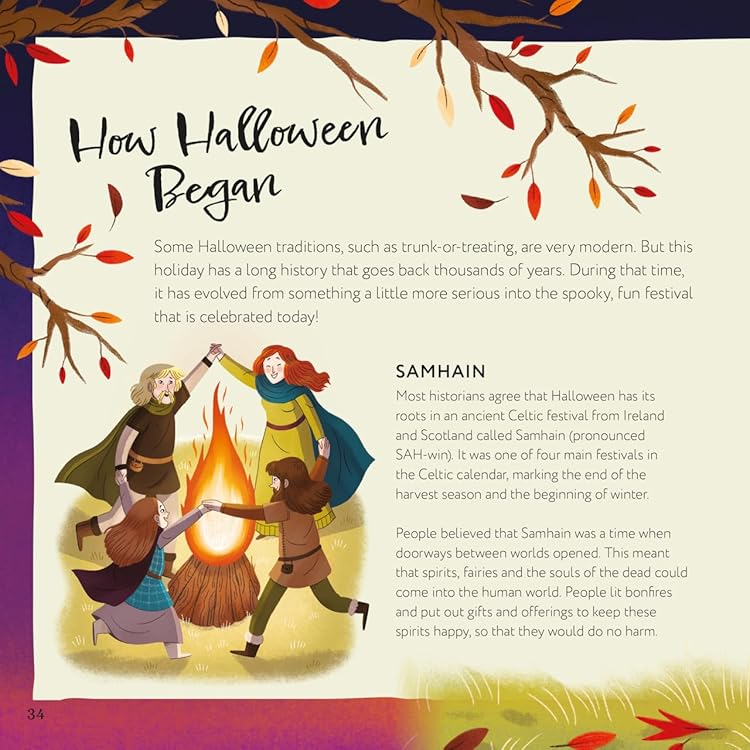 Illustrated page about Halloween origins with characters and text on a colorful background