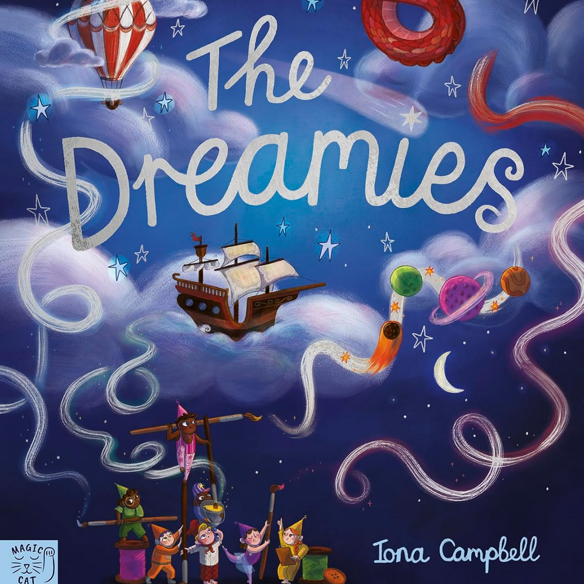 Book cover of 'The Dreamies' with a fantasy scene featuring a ship, hot air balloon, and characters against a starry sky.