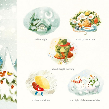 A children's book spread showing a winter illustration on the left with a snowy castle, trees, and a path, and five small labeled winter scenes on the right including a silent night, merry snack time, a frost-bright morning, a blank midwinter, and the night of the snowwoman's hall.