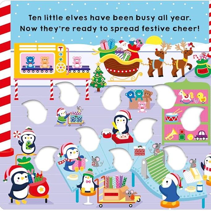 Children's book page with Christmas-themed illustration of elves and penguins, featuring text.