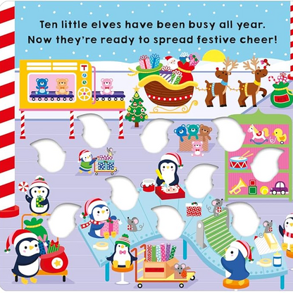 Children's book page with Christmas-themed illustration of elves and penguins, featuring text.