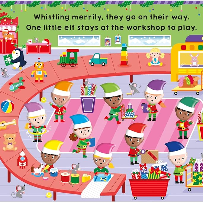 Children's book page with Christmas-themed illustration of elves and penguins, featuring text.