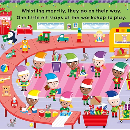 Children's book page with Christmas-themed illustration of elves and penguins, featuring text.