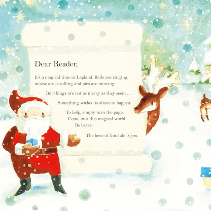 A children's book or story card illustration with a snowy winter scene. On the left is a letter addressed 'Dear Reader,' with Santa Claus holding a gift and a scroll on the right, surrounded by reindeer, a sleigh filled with presents, houses, and falling snow in pastel blue, white, and green tones.