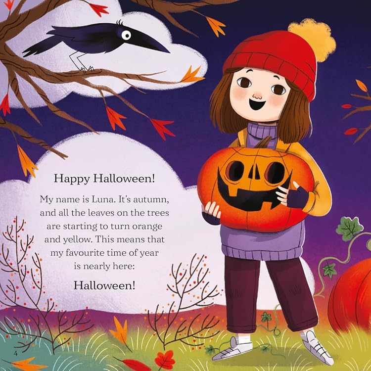 Illustration of a child with a pumpkin and a cat on Halloween, surrounded by autumn elements and moonlit sky.