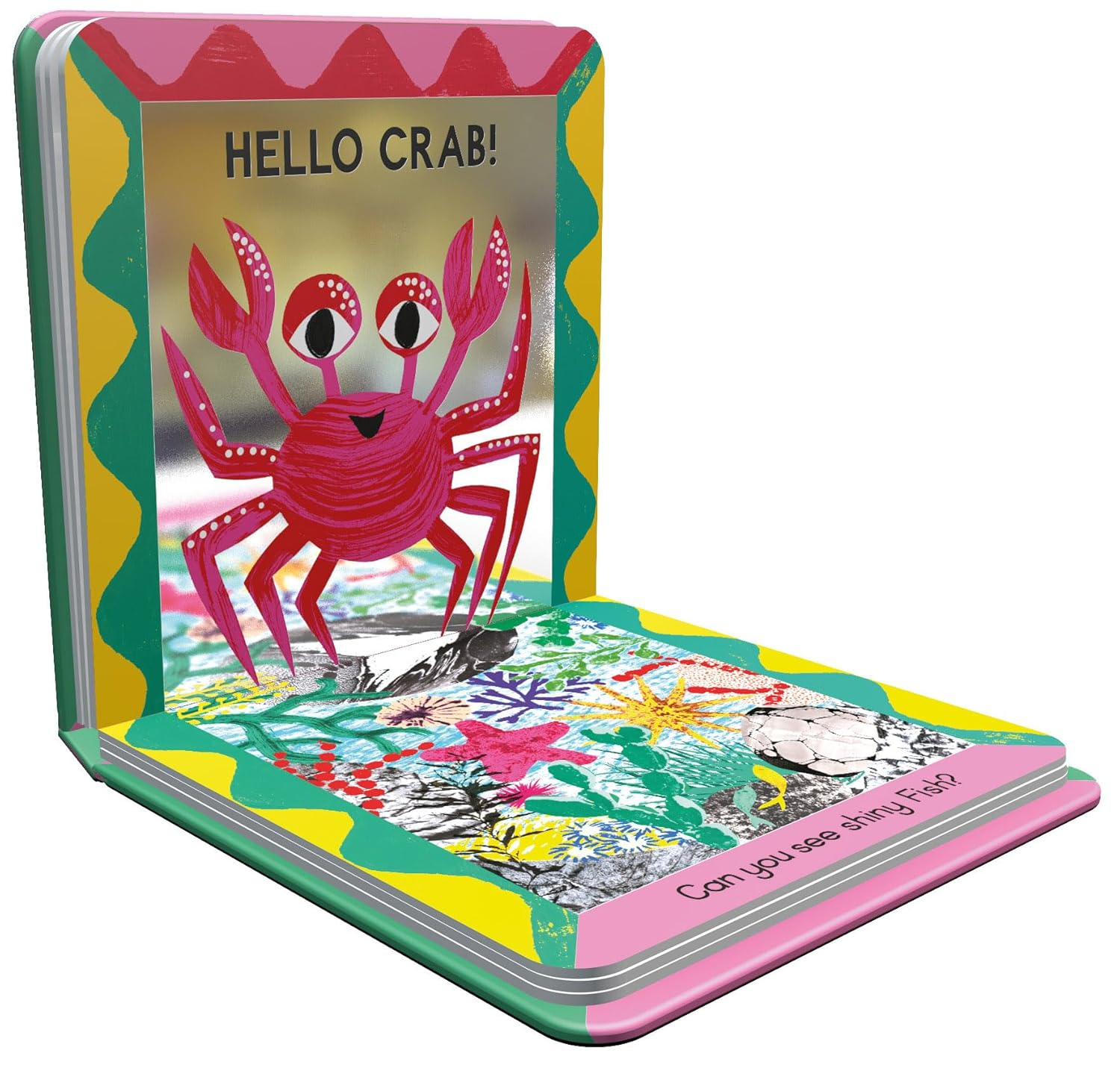 Children's book with a crab illustration on a white background