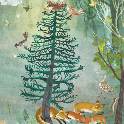 Illustration of a forest scene with animals and a tree, featuring a bird's nest.